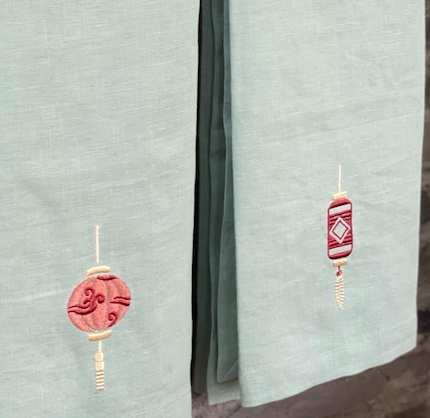 Lanterns Embroidered Linen Tea Towel Main Image